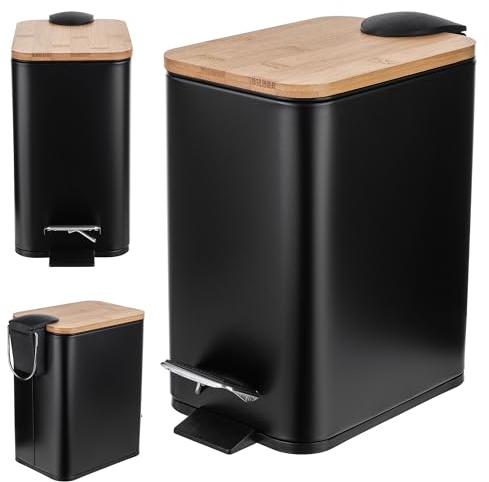 KADAX Poubelle en acier revêtu par pulvérisation de 3 l, seau avec seau et pédale, poubelle avec système d'abaissement automatique, poubelle avec couvercle en bambou (noir, rectangulaire)