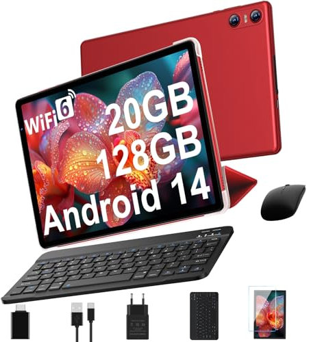 Tablette Android 14 avec 5G Wi-Fi 6, 20 GO RAM+128 GO ROM (Extensible Jusqu'à 1 To), Tablette Tactile avec Widevine L1, 8 Cœurs, 5MP+8MP, 6000mAh, Tablette 10 Pouces avec Clavier+Souris et Cas, Rouge