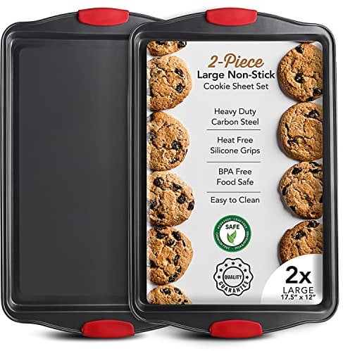Eatex Baking Set, 2-Piece Large Baking Sheet Set with Silicone Handles, Steel Baking Pan, Cookie Sheets for Oven, BPA Free Nonstick Set, Half Sheet Pans, Black Baking Tray
