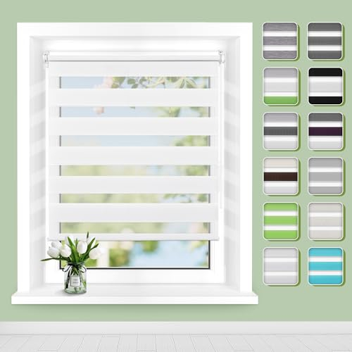 Doppelrollo Klemmfix ohne Bohren B75 x H100cm(Stoffbreite 71cm) Weiß, Rollos für Fenster, Rollo ohne Bohren mit Lichtdurchlässig und Verdunkelnd/Höhe Stufenlos Verstellbar/Kindersicherung