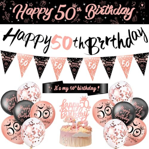 50th Birthday Party Decorations With Bunting Flags, Latex Balloons, Cake Toppers and Sash for Women - Complete Birthday Banner Set