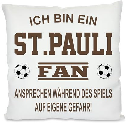 Herzbotschaft Fussball Kissen | Ich Bin EIN St. Pauli Fan - Ansprechen während des Spiels auf eigene Gefahr | Dekokissen für Fußballfans | Hülle und Füllung | 40cm x 40cm | versteckter Reisverschluss