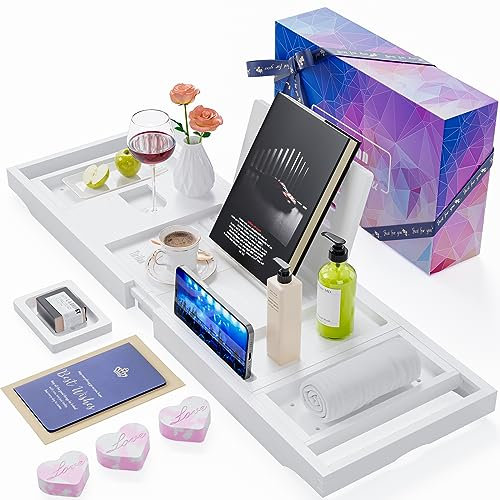 Bandeja plegable para bañera, bandeja retráctil y ajustable, bandeja de baño multifuncional con estantes, toallero y soporte para copas de vino, adecuado como regalo