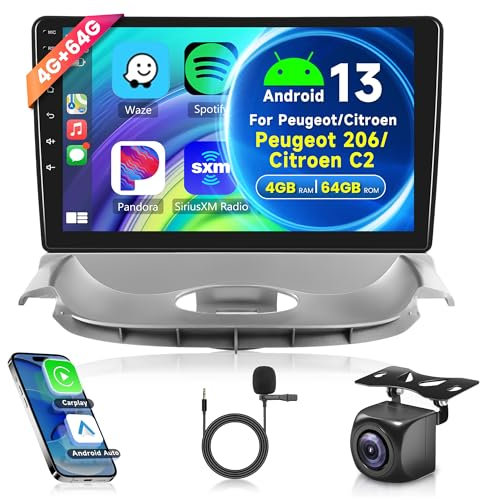 2G+64G Wireless Carplay Android 13 Radio de Coche para Peugeot 206 2004-2008 Citroen C2 2006-2013 9 Pulgadas Radio con Android Auto Navi GPS WIFI Mirror Link Bluetooth FM/RDS/EQ/DAB/SWC Cámara Trasera