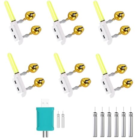 Skeadex LED Nachtlicht Knicklicht Angeln, Fischen Float LED Knicklicht mit Zwei Glocken, Angel-Alarmglocken Einschließlich Batterie, Geeignet für Rutenspitzengrößen von 1,5–3 mm (6*Grün+1*Ladegerät)