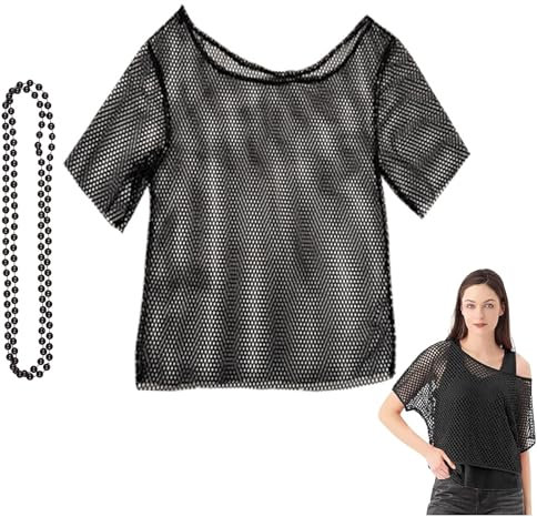 GETFACAI Black Mesh Top Women, 80s Fancy Dress With Necklace, 1980s Retro Theme Party Set, Fishnet Top, Party Tops for Women (Top+Necklace)