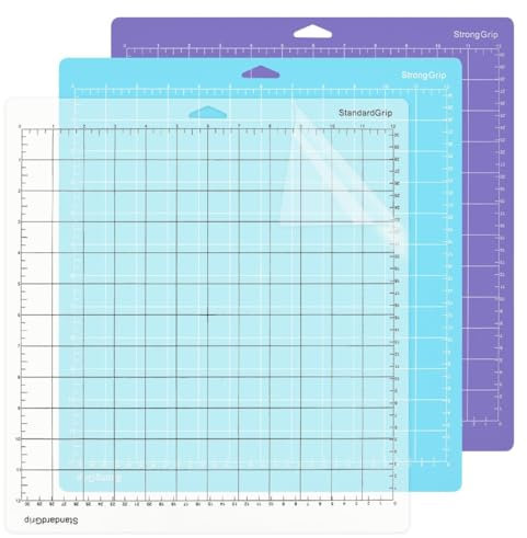 Vinyl Schneidematte für Silhouette Cameo 4/3/2/1(12x12 Zoll,3 Stück-StandardGriff,Lichtgriff,Starker Griff) quadratisch,gerasterte, selbstklebende, rutschfeste Schnittmatte
