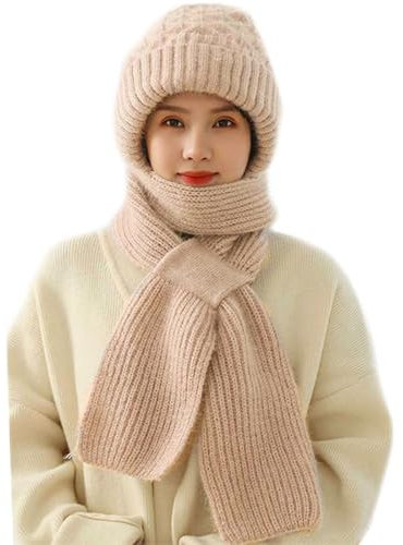 TBLMPNE Schal Damen Winterschal Damen, Schals für Damen Integrierte Ohrenschutz Winddichte Kappe Schal, Elastische Warme Verbundenen Ohrenschutz Strickmütze (Beige)