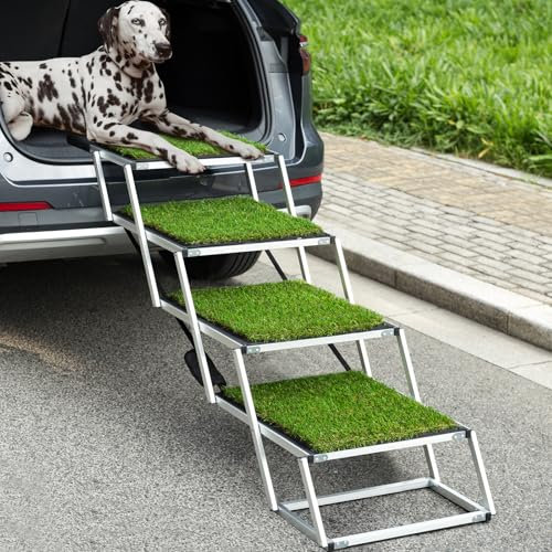 Extra Wide Dog Car Stairs for Large Dogs, Lightweight Aluminum Foldable Pet Ramp with Nonslip Artificial Grass Rug Surface for Cars SUV, High Beds & Trucks, Supports up to 125kg