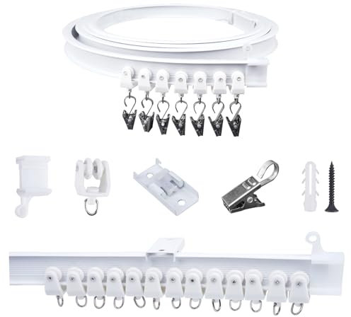 FOGAWA 3m Vorhangschiene mit 24 Vorhangklammern, Deckenvorhangschiene, Flexible Gardinenschiene, Gebogen, Deckenschiene für Duschvorhangstange, Raumteiler, Vorhangschienensystem Deckenmontage, Weiß