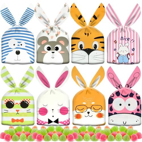 AhfuLife 80 Stück Ostern Tüten, Osterhasen Süßigkeiten Tüten Bonbontüten Süssigkeiten Beutel Candy Bag, Wiederverwendbare Hasenohren Süße Partytüte für Ostern Geburtstag Weihnachten Neujahr Partytüte