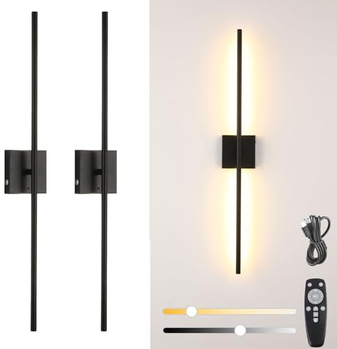 USB Aufladbare Wandleuchte Mit Fernbedienung, Innen Akku Wandlampe, 8000mah Batterie, 3000K-6500K, LED Dimmbare Kabellos Wandleuchte, 360° Drehbare Touch Nachttischlampe, Timer, 2 Stück,Schwarz,100CM