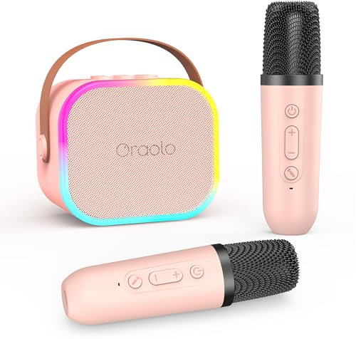 oraolo Karaoke Bambini con 2 Microfoni Wireless, Mini Cassa Bluetooth Portatile per Bambini, Rgali Natale, Compleanno Regalo, Giocattoli per Ragazze dai 3-12 Anni, Effetti di Cambio Voce & Luci LED