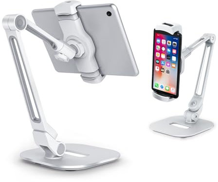 Aluminu Alloy Tightness Adjustable Tablet Stand Compatible with 4.7-13 iPad, iPhone, Samsung, Kindle, Foldable Arm Holder for Desktop, iPad, iPhone,360° Rotating Holder Phone/Tablet (White)