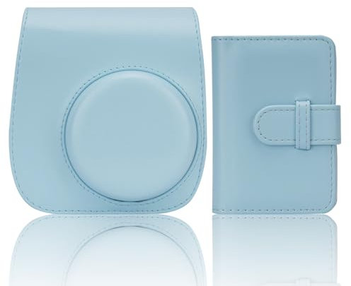 QICNMFA Kamera Tasche Kompatibel mit Fujifilm Instax Mini 12 11 9 8 8+ Sofortbildkamera PU Leder Kameratasche mit 28 Taschen Mini Fotoalbum und Verstellbarem Schulterriemen (Himmelblau)