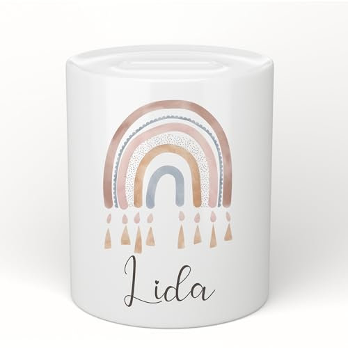 Manufaktur Liebevoll Spardose mit Namen Personalisierte Spardose Kinder Geschenk Baby Mädchen Junge Sparschwein Regenbogen Taufe Geburt