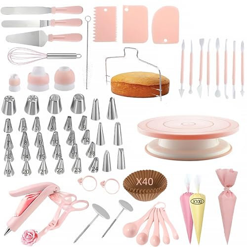 Nuvollo Backzubehör, Torten Zubehör Kuchen Zubehör Torten Set Cake Stand Torten Zubehör Set Spritztüllen Set Backset für Anfänger und Profis Tortenplatte Drehbar Drehteller Torte Backen Rosa
