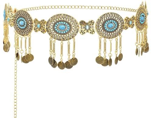Pandalein Damen Gürtel Fransen Bauchtanz Gürtel Mode Taillengürtel Metall Kettengürtel Münzgürtel Verstellbare Hüftkette Taillenkette für Kleider