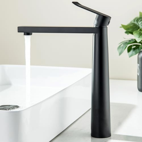 BAITUJIE Grifo de lavabo alto negro mate, grifo monomando cuadrado monobloque