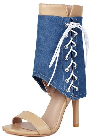 CuteFlats Sandali da donna con tacco alto con dettaglio in jeans | Sandali con spalline e cerniera laterale per sera, feste, giallo., 37 EU