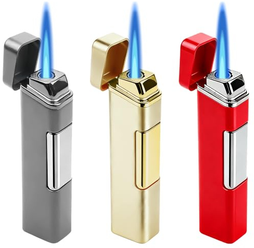 Jetflame Sturmfeuerzeug Metall - 3 Stück Winddichtes Feuerzeug Ohne Butan Gas, Gasfeuerzeug Nachfüllbar & Elektronisch, Starke Flamme für Outdoor/Kerzen/Grill/Geschenk (Gold Rot Grau)