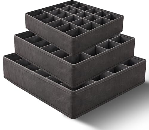 3 Pezzi Organizer Cassetti Biancheria - Divisori per Cassetti in Tessuto Pieghevoli - Set Salvaspazio da 64 Scomparti (2x24+1x16) per Armadio e Guardaroba - per Intimo, Calze, Cinture e Accessori