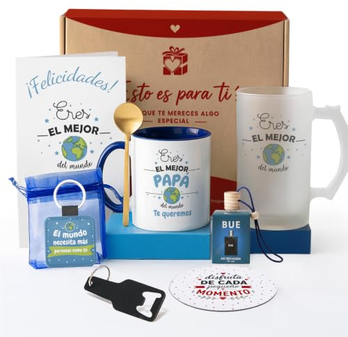 Kembilove® Pack Regalo Papá | Regalo Original para Hombre con Jarra Cervecera y Taza Personalizada | Detalle Perfecto para Cumpleaños Día del Padre o Navidad | Caja Sorpresa Emotiva