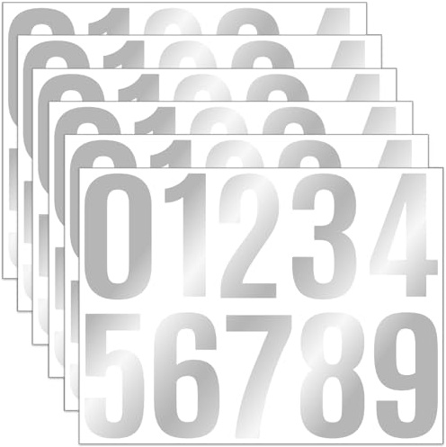 60 Stücke/6 Blätter Zahlen Aufkleber Groß,10 cm Wetterfest Selbstklebende Nummern Aufkleber, Vinyl Number Stickers,für Postkasten Schilder Hausnummern Büro Schule Mülltonne (Silber)