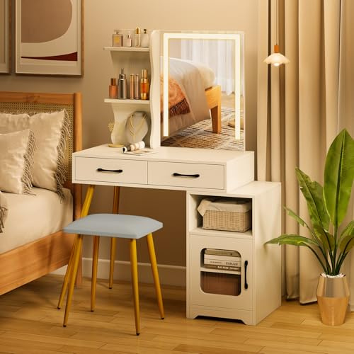 Multigot Dressing Table with LED Mirror and Stool, Vanity Cosmetics Table Set with 3-Color Lights, Adjustable Brightness, Reversible Cabinet, 2 Drawers and Shelves, Makeup Dressing Desk, White+Gold