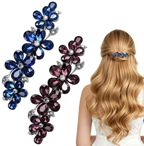 2 Haarspangen für Damen, Schmuckaccessoires für Damen mit dünnem bis dickem Haar, Strassclips mit hochwertigen Kristallen, sicherer Halt für verschiedene Frisuren, Blau, Weinrot