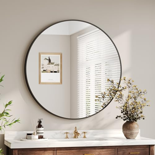 Dripex 70cm Round Wall Mirror, Black, Fixing Kit Included | Aluminium Alloy Frame, Tempered Glass, Large Decorative Hanging Vanity Mirror for Bathroom, Hallway, Living Room & Bedroom