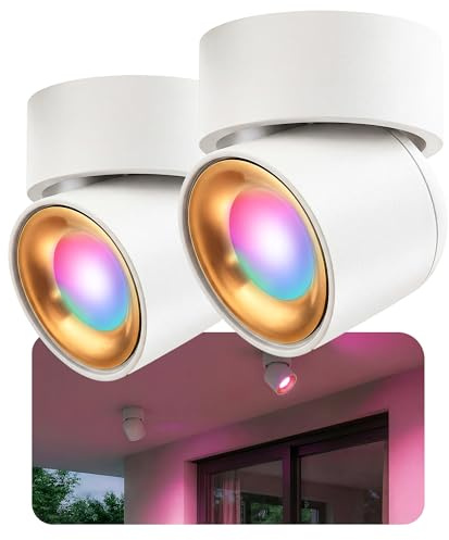 SSC-LUXon AYONA Aufbauspot 2er Set weiß-gold Smart GU10 WLAN RGBW IP65 | Zwei schwenkbare Deckenspots weiß-gold - per App & Alexa steuerbar, RGB-Farblicht, für Bad, Küche & Wohnzimmer, inkl. LED
