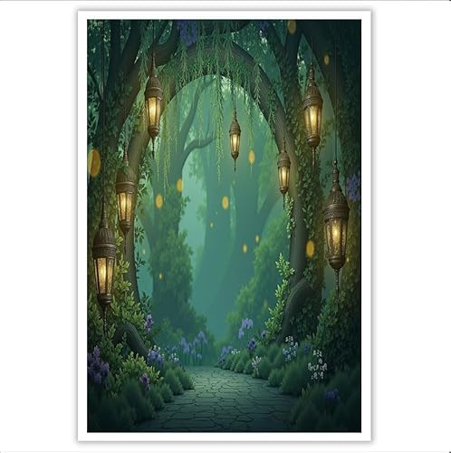 DLERFLOVR Leinwandbild Geheimnisvoller Waldpfad, 70x100cm Bild auf Leinwand Fantasy-Laternenbogen Poster Kunstdruck Mintgrün Wandbilder Als Hintergrund Deko für Wohnzimmer & Schlafzimmer - Ungerahmt