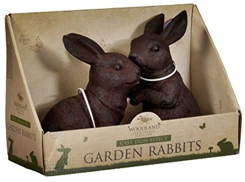 New Vintage Outdoor Garden Statues Ornament Animal Hare Rabbit Sculpture 2pk - Cast Iron