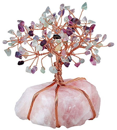 SUNYIK Trommelstein Edelstein Geld Baum Bonsai Fengshui Lucky Heilung Dekoration Rainbow Fluorite Tree Wrapped on Rose Quartz Base(3.5)