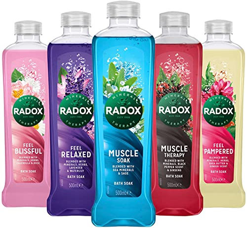 Radox Mixed Pack Bath Soak Bubble Bath for Women - Pack of 10 x 500ml Bottles (3 x Muscle Soak, 1 x Muscle Therapy, 2 x Feel Relaxed, 2 x Feel Blissful, 2 x Feel Pampered)