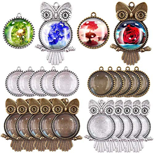 Healifty 48pcs Cabochon Anhänger Tablett rund Eule Metall Cabochon Basis Lünette Rohling Anhänger Trays Charms Tray für DIY Basteln Foto Schmuck Herstellung