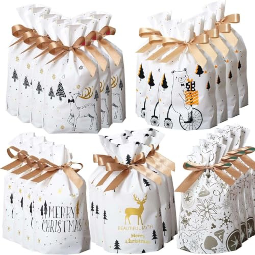 50 Stücke Weihnachten Geschenkbeutel,Geschenkverpackung Taschen | Süßigkeiten Taschen,Weihnachten Süßigkeiten Tüten,Geschenktüten mit Band&mit Kordelzug,Xmas Party Süßigkeiten Packung