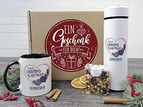 Geschenkset Frauen Tee, Thermo- Teeflasche mit Siebeinsatz, Tasse mit Bratapfeltee, personalisiertes Geschenk mit Namen, Keramik mit Edelstahl