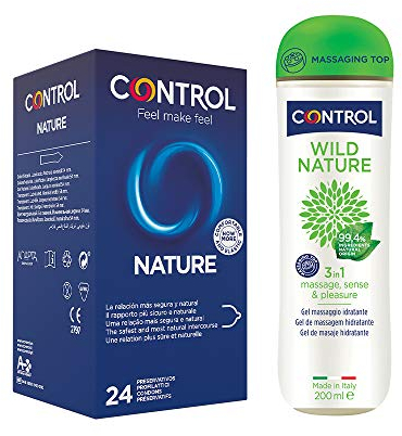 CONTROL NATURAL MIX Box mit 24 klassischen Kondomen und 3 in 1 Massagegel mit 99,4% Inhaltsstoffen natürlichen Ursprungs
