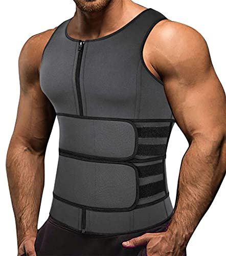 Memoryee Herren Neopren Sauna Weste Body Shaperwear Schwitzweste Taille Trainer Fitness Korsett Reißverschluss Tank Top/Grey(Double Belt)/L
