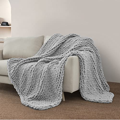 Sunyrisy Strickdecke, Grobstrick Chenille Überwurfdecke – warm, weich, gemütlich für Sofa, Bett, große Überwurfdecke (hellgrau, 101,6 x 121,9 cm)