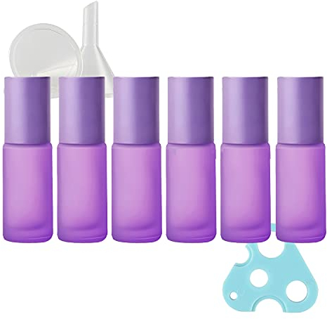 TIANZD 6 Pcs, 5ml Empty Frosted Purple Glass Essential Oil Roller Bottles with Alu Screw Cap Roll on Bottles Rollerball Bottle for Essential Oil Perfume, 1x Funnel 1x Opener