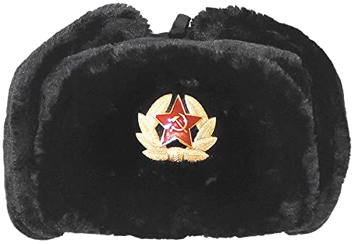 FAIRY TRENDZ LTD Russische Trappermütze mit Abzeichen Kunstpelz Uschanka Kosakenklappen Hut Warme Wintermütze Cap, Schwarz, Einheitsgröße