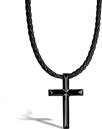 SERASAR Kreuzkette Lederkette Herren Leder-Halskette mit Kreuz Anhänger - 60cm Schwarz Lederband Kette Schmuck-Schachtel für Männer Geschenk Leather Necklace Men Jewelry Band