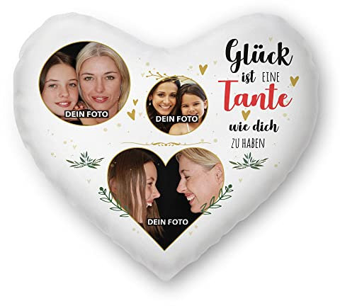 PR Print Royal Herzkissen selbst gestalten - mit 3 Fotos Bedrucken - Glück ist eine Tante wie Dich zu haben - Geschenk Geburtstag Weihnachten - Herz Fotokissen inkl. Füllung, 40x44 cm