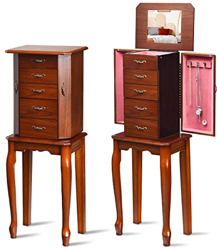 OFFICEJOY Schmuckkästchen aus Holz mit Klappspiegel, stehender Schmuckschrank mit 4 Schubladen, 2 Seitentüren, 6 Halskettenhaken, Schmuck-Schubladenorganizer, ideales Geschenk für Mädchen und Frauen