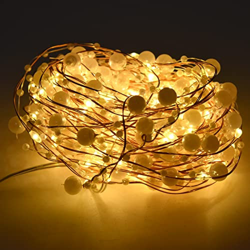 Yuecoom Weiße Perle LED Lichterketten, 32.8ft Perlenfee Lichterketten Batteriebetriebene Weihnachtsbeleuchtung Kupferdraht Raumbeleuchtung Dekoration