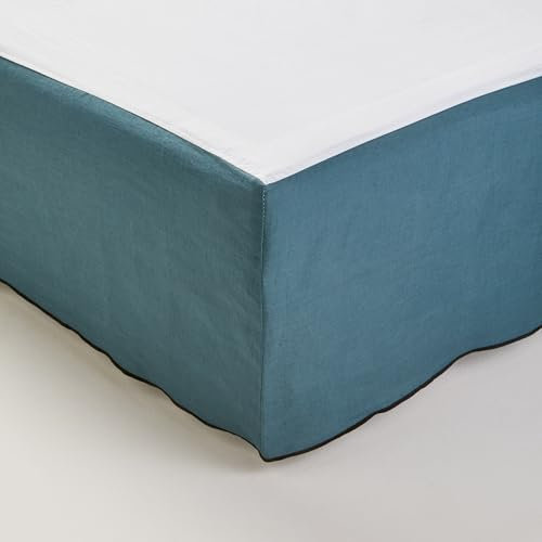 MADURA - Cache sommier Carlina Décoration pour Maison Salon Chambre Canapé - Idée Cadeau en Lin lavé légèrement froissé Bleu 160x200 cm