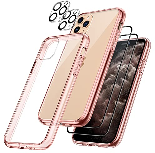 JETech 5 in 1 Case for iPhone 11 Pro 5.8-Inch, with 2-Pack Screen Protector and 2-Pack Camera Lens Protector, Full Coverage Tempered Glass Film, Shockproof Bumper Phone Cover (Rose Gold)